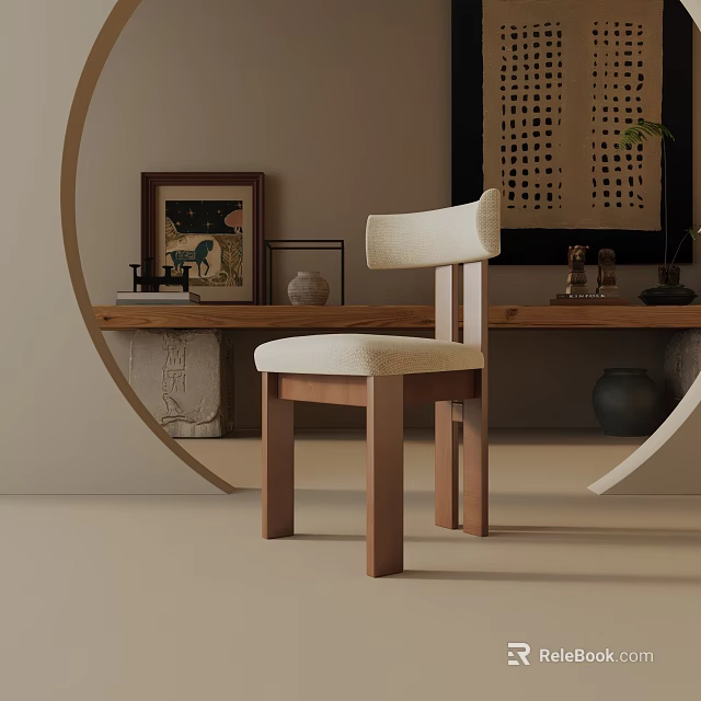 Modern Wooden Dining Chair With Beige Upholstered Seat And Decorative Background 3d model 