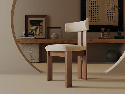 Modern Wooden Dining Chair With Beige Upholstered Seat And Decorative Background 3d model