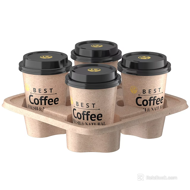 Five Paper Cups of Best Coffee with Black Lids and Fresh Aroma in Paper Tray 3d model 