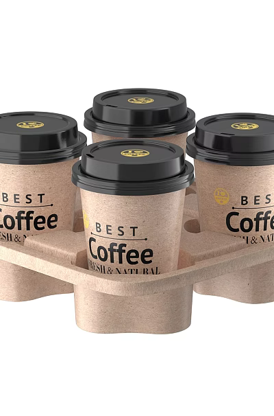 Five Paper Cups of Best Coffee with Black Lids and Fresh Aroma in Paper Tray 3d model