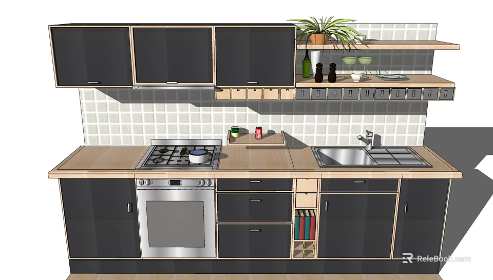 Dark Cabinets in Modern Kitchen with Wooden Countertop Tile Backsplash and Sink 3d model 