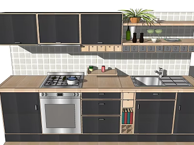 Dark Cabinets in Modern Kitchen with Wooden Countertop Tile Backsplash and Sink 3d model