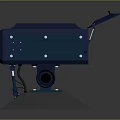 Blue Industrial Device With Multiple Circular Holes And Top Lid On Gray Platform