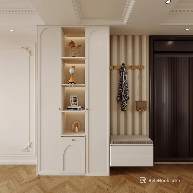 Modern Minimalist White Shoe Cabinet With Open Shelves Decorative Items Hanging Coat Rack And Bench 3d model 
