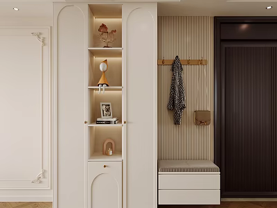 Modern Minimalist White Shoe Cabinet With Open Shelves Decorative Items Hanging Coat Rack And Bench 3d model