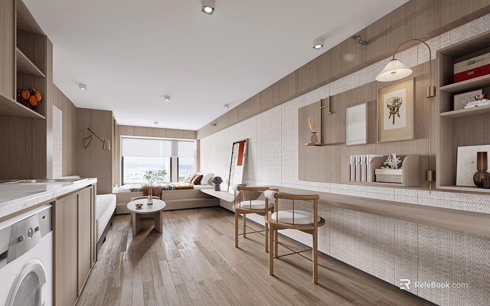 Modern Apartment Interior Featuring Open Layout Wooden Elements Sofa Area Window Seating And Wall Art 3d model