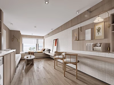 Modern Apartment Interior Featuring Open Layout Wooden Elements Sofa Area Window Seating And Wall Art 3d model