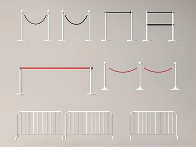 Various Fence Designs with Roped Sections White Posts and Metal Frame Railings 3d model