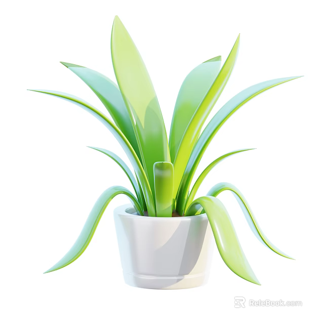 Lush Green Potted Plant with Long Fresh Leaves in White Ceramic Pot 3d model 