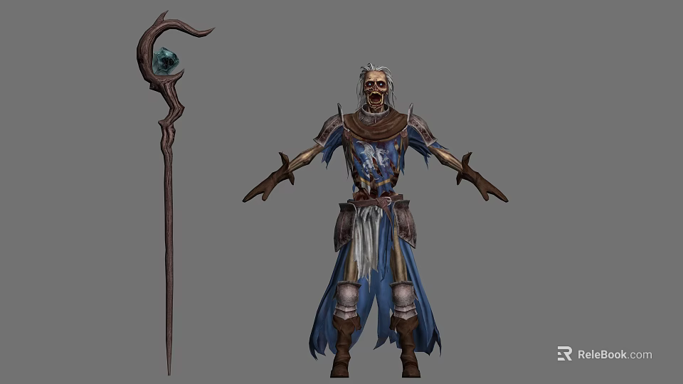 Elderly Wizard In Blue Robe With Crystal Staff And Magical Creature 3d model 