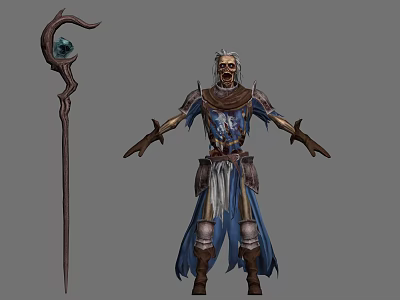 Elderly Wizard In Blue Robe With Crystal Staff And Magical Creature 3d model