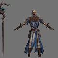 Elderly Wizard In Blue Robe With Crystal Staff And Magical Creature