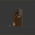 Rustic Wooden Bookcases Interior Display With Clay Pots Candles On Stone Tile Floor