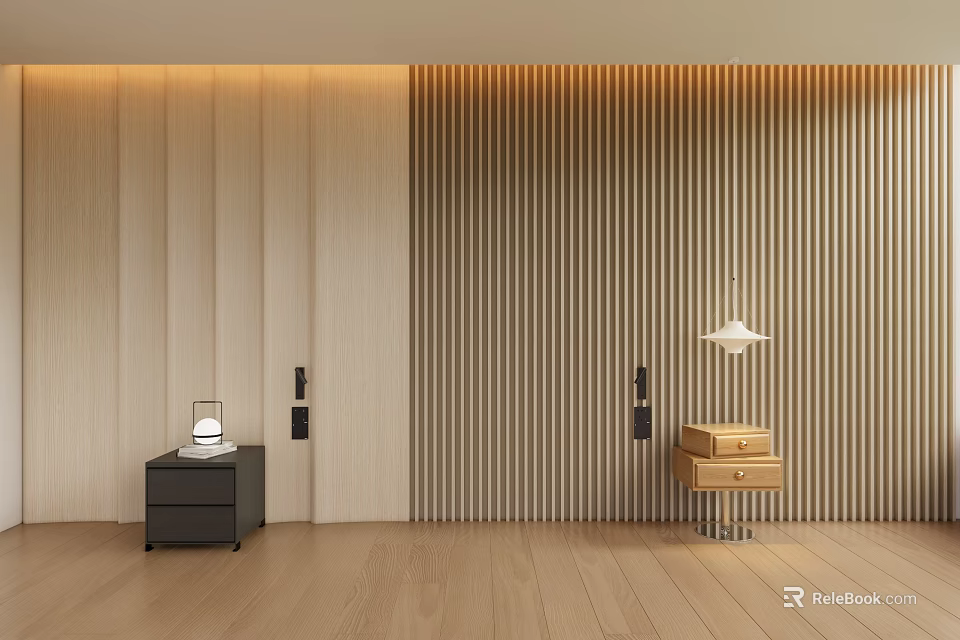 Modern Wooden Bedroom Accent Wall With Vertical Stripes And Nightstands Table Lamps 3d model 