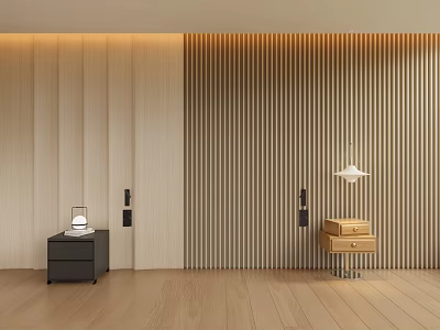 Modern Wooden Bedroom Accent Wall With Vertical Stripes And Nightstands Table Lamps 3d model