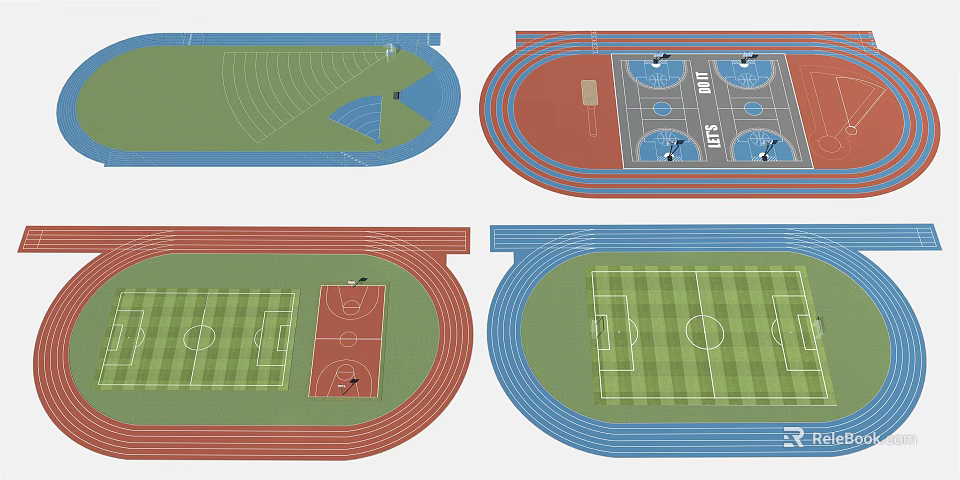 Football Field With Running Track And Basketball Court In Sports Facility Layout 3d model 