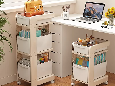 Shelving Unit with Wheels and Storage Bins for Books Toys Home Office 3d model