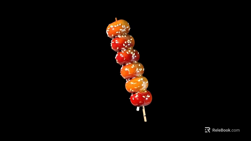 Colorful Candied Fruit Skewers With Glossy Sugar Coating And Sesame Seeds On Bamboo Stick 3d model 