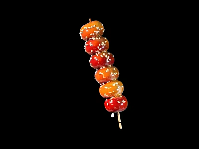 Colorful Candied Fruit Skewers With Glossy Sugar Coating And Sesame Seeds On Bamboo Stick 3d model