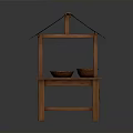 Rustic Food Selling Stand with Thatched Roof and Wooden Structure Holding Bowls