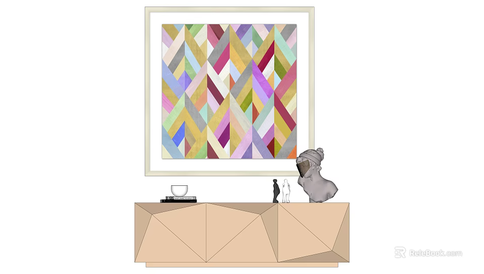 Colorful Geometric Painting Above Modern Geometric Cabinet With Sculpture Cup And Wine Bottle 3d model 