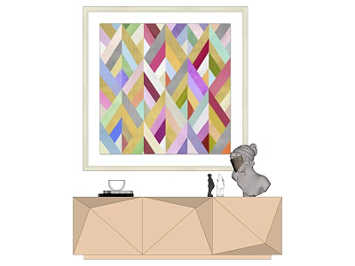 Colorful Geometric Painting Above Modern Geometric Cabinet With Sculpture Cup And Wine Bottle 3d model