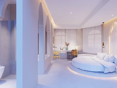Bright Modern Hotel Room With Round Bed Arched Design And Minimalist White Interior 3d model