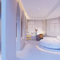 Bright Modern Hotel Room With Round Bed Arched Design And Minimalist White Interior