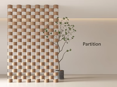 Modern Wooden Partition With Grid Design In Minimalist Interior And Small Tree 3d model