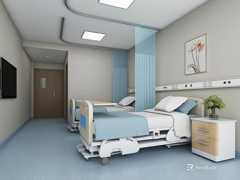 Hospital Outpatient Clinic Interior With Hospital Beds Blue Bed Sheets Bedside Cabinets TV Decorative Painting 3d model 