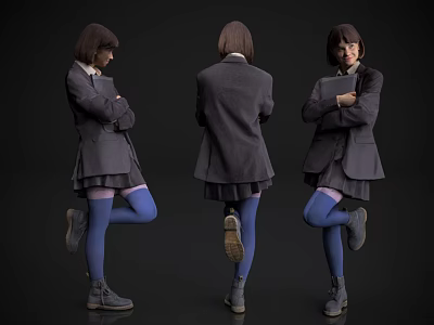 Woman In Dark Coat And Skirt With Blue Tights In Multiple Standing Poses 3d model
