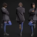 Woman In Dark Coat And Skirt With Blue Tights In Multiple Standing Poses