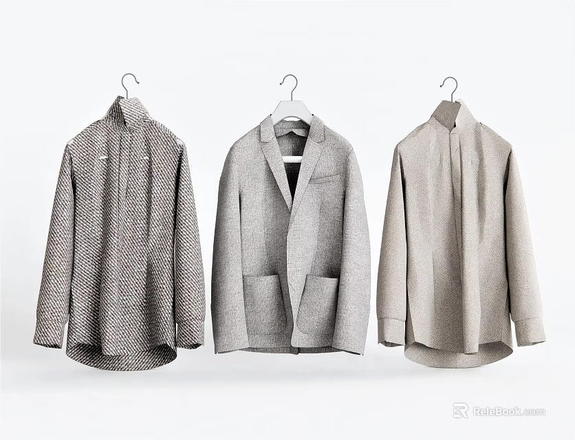 Modern Minimalist Clothes Collection Featuring Hanging Gray Beige And Patterned Garments 3d model 