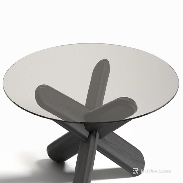 Modern Round Table With Glass Top And Wooden Cross Base Design 3d model 
