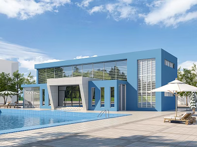 Modern Blue Detached Villa With Swimming Pool Outdoor Loungers Umbrella And Trees 3d model