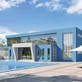 Modern Blue Detached Villa With Swimming Pool Outdoor Loungers Umbrella And Trees