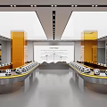 Modern Helmet Showroom With Curved Display Counters Yellow Pillars Wall Decorations And White Helmets