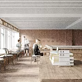 Modern Teahouse Interior With Open Shelves Jars Windows Trees And Staff Preparing Pastries