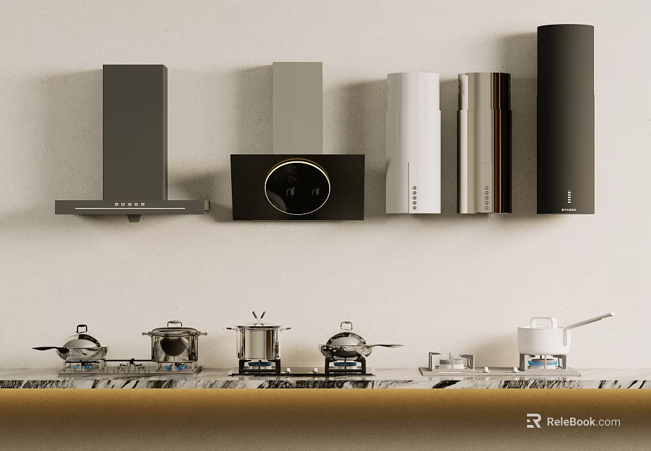 Modern Kitchen Appliances Collection Featuring Range Hoods Ovens Microwaves And Cookware 3d model 