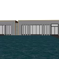 Contemporary Sales Office Building Exterior Featuring Glass Facade Symmetrical Design And Water Reflection