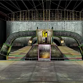 Industrial Futuristic Interior With Arched Metal Walls Yellow Lighting Central Console And Concrete Floor