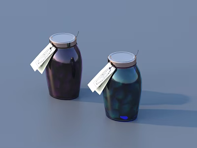 Vibrant Purple And Blue Glass Jars With Metal Lids And Tags On Gray Surface 3d model