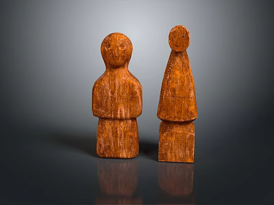 Handcrafted Wooden Human Figure Carvings With Textured Surface And Brown Tone 3d model