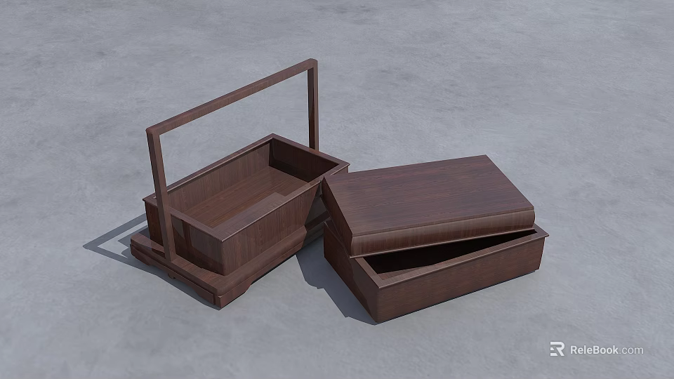 Brown Wooden Boxes With Handle And Open Lid On Gray Surface 3d model