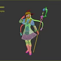 Woman In Witch Hat With Purple Braids Holding Magic Staff In Gray And Blue Outfit