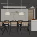 Modern Minimalist Restaurant Interior With Dining Table Chairs Pendant Lights Counter Plant And Fruits