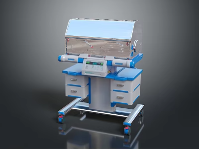 Medical Baby Incubator With Transparent Hood Control Panel And Mobile Cart Drawers 3d model