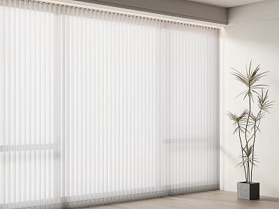 White Vertical Panel Curtains For Window With Potted Plant And Wooden Floor 3d model