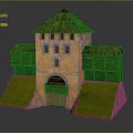 Medieval Brick Red Fortress Tower With Wooden Roof Galleries Green Grass Slopes And Arched Door