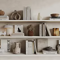 Minimalist Bookshelf Decorative Ornament Combinations with Clay Pots Vases Table Lamps Books and Sculptures